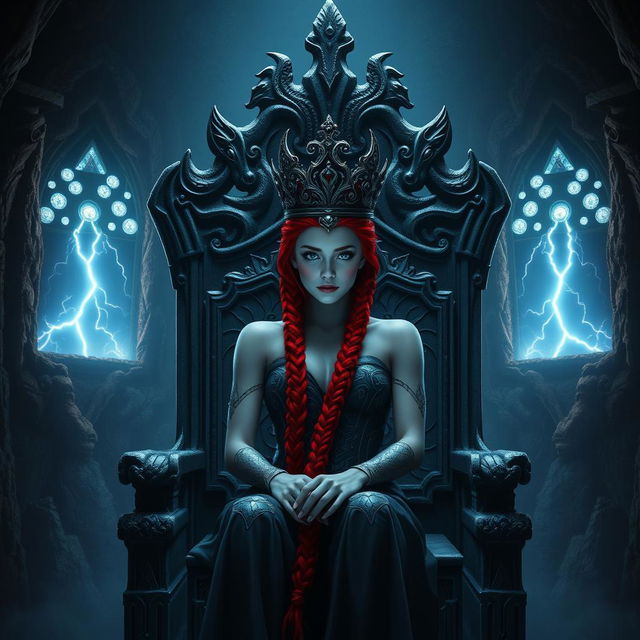 Marsa seated on a majestic storm-carved throne, her piercing white eyes glowing with an ethereal light