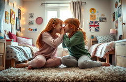 A heartwarming and innocent scene in a cozy dorm room, featuring two redhead tween girls sitting face to face on a plush rug