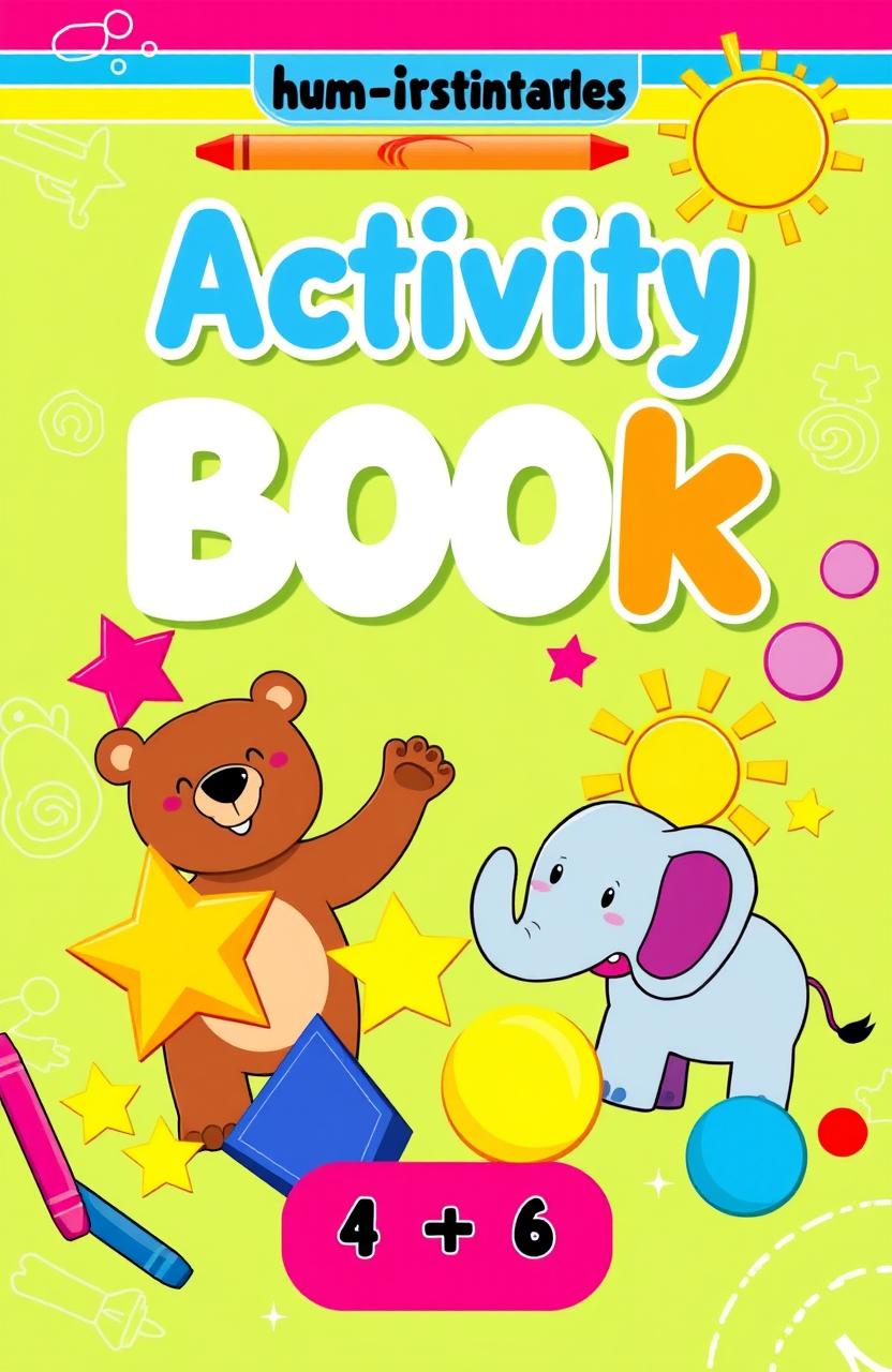 An engaging and colorful activity book cover designed for children aged 4 to 6 years, featuring playful illustrations of animals, shapes, and vibrant colors