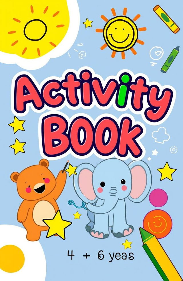 An engaging and colorful activity book cover designed for children aged 4 to 6 years, featuring playful illustrations of animals, shapes, and vibrant colors