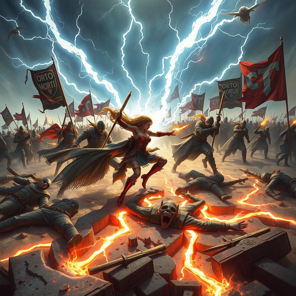 A dynamic scene of Marsa engaged in mid-battle, her braid flying dramatically behind her as she fights fiercely through a tempest alongside her soldiers