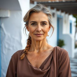 A Greek woman aged between 35 to 45 years old, dressed in modest, closed clothing that complements her figure