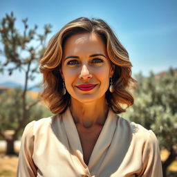 A Greek woman aged between 35 to 45 years, dressed in elegant and modest closed clothing that highlights her figure gracefully