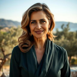 A Greek woman aged between 35 to 45 years, dressed in elegant and modest closed clothing that highlights her figure gracefully