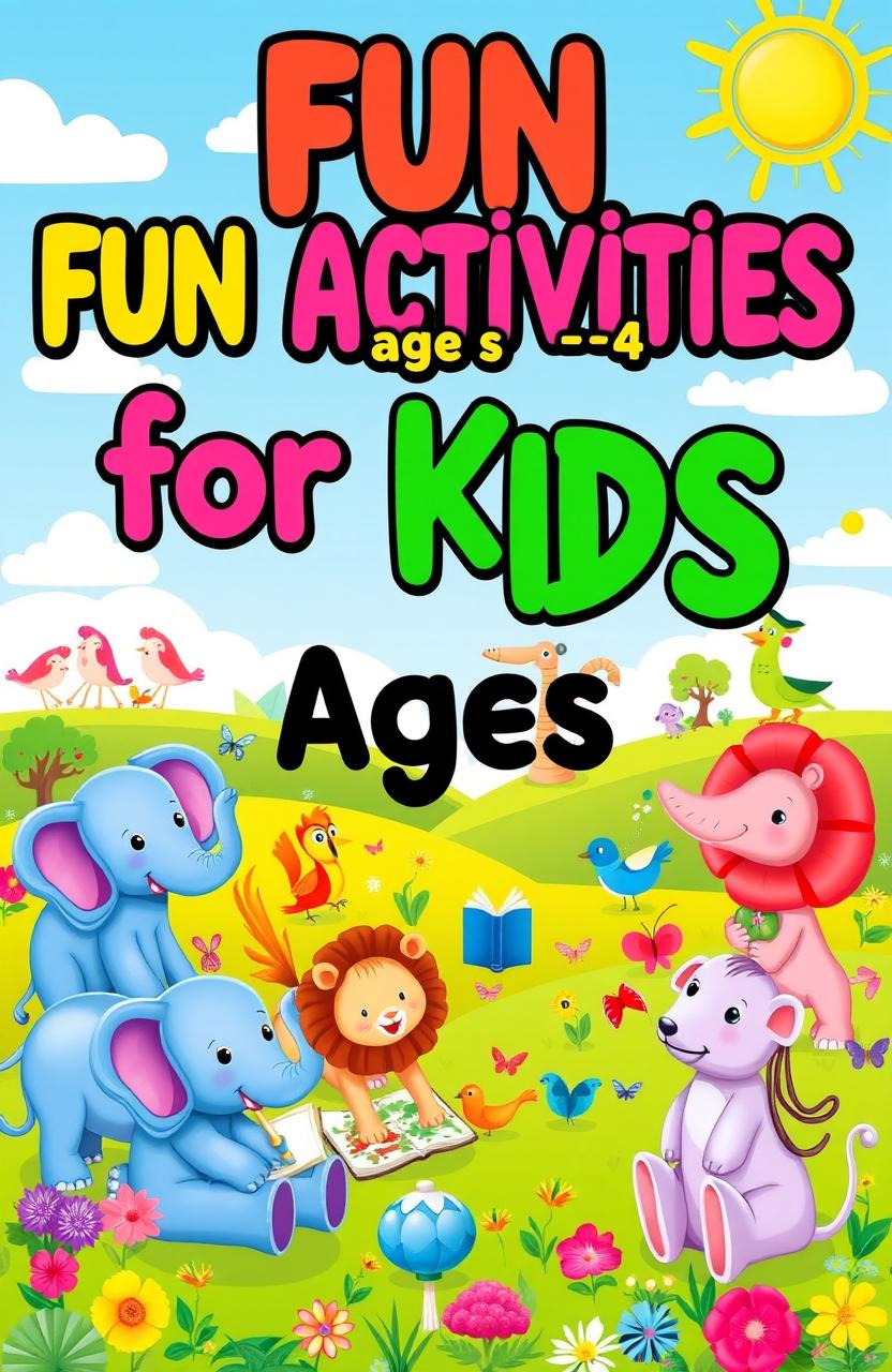 A vibrant and engaging cover design for a children's activity book aimed at ages 4-6, featuring playful illustrations of various colorful animals like elephants, lions, and birds engaging in fun activities such as painting, playing with toys, and reading books