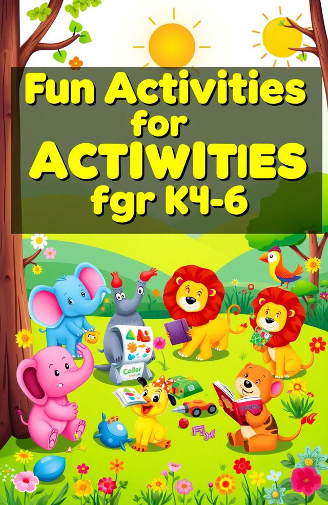 A vibrant and engaging cover design for a children's activity book aimed at ages 4-6, featuring playful illustrations of various colorful animals like elephants, lions, and birds engaging in fun activities such as painting, playing with toys, and reading books