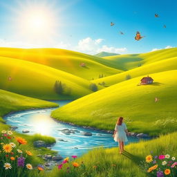 A serene and idyllic landscape featuring rolling green hills under a clear blue sky, with a gently flowing river meandering through the valley