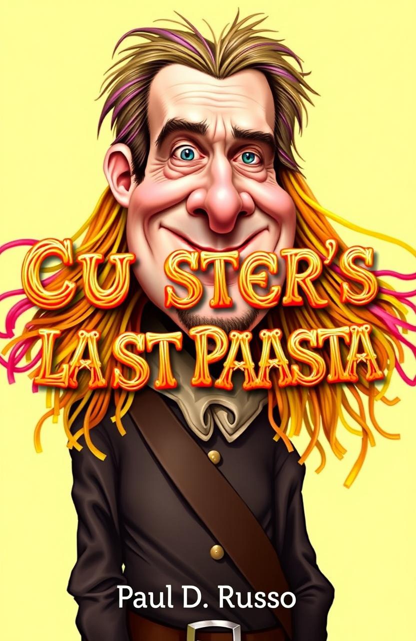 A whimsical caricature of General George Armstrong Custer, depicted with oversized features and a playful expression