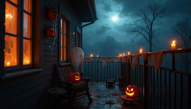 A spooky apartment balcony filled with eerie decorations, featuring flickering candle lanterns casting haunting shadows, cobwebs draped across the railings, an old wooden chair with a tattered cushion, a small table with a pumpkin carved with a sinister grin, and a misty night sky full of ominous dark clouds