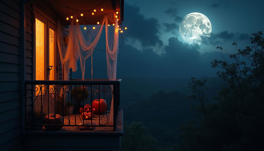 A spooky apartment balcony at night, adorned with creepy decorations including ghostly motifs and dimly lit string lights