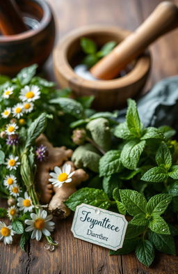 A close-up, artistic composition featuring various vibrant herbs known for their medicinal properties