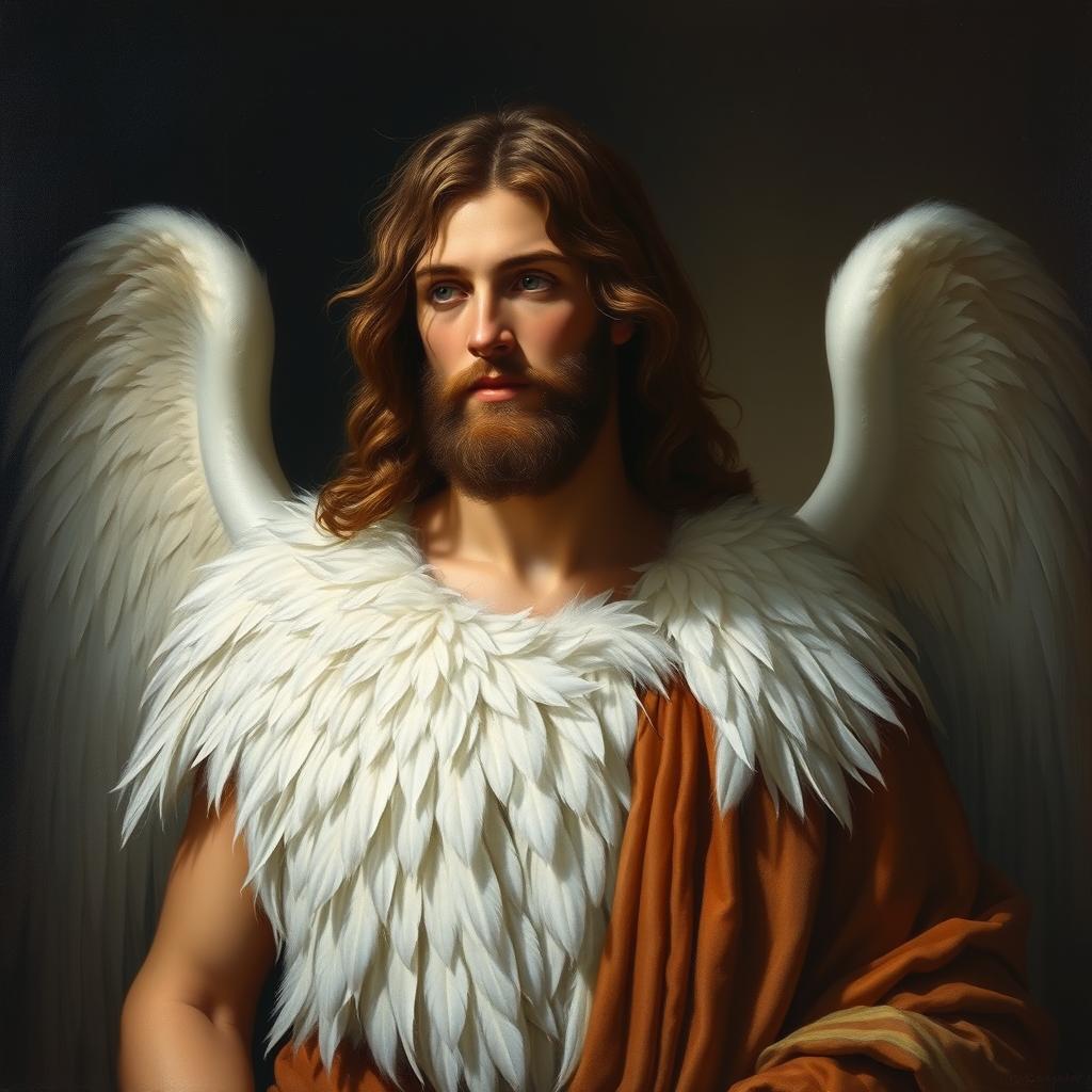 A painting of Christ wearing a white feathered tunic, standing amidst a dark, moody background