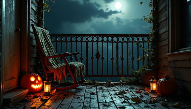 A spooky old apartment balcony, showing vintage iron railings covered in rust and patches of creeping ivy