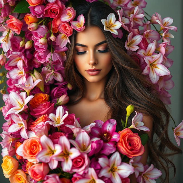 A stunningly beautiful woman, gracefully enveloped in an array of exquisite flowers in full bloom