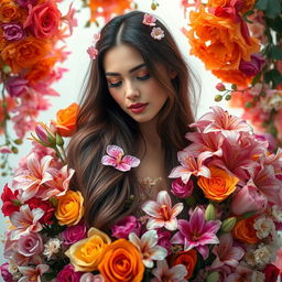 A stunningly beautiful woman, gracefully enveloped in an array of exquisite flowers in full bloom