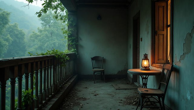 The eerie balcony of an old apartment, showcasing weathered wooden railings with chipped paint and overgrown vines creeping over the edges