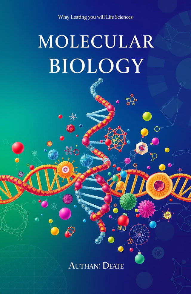 An intricately designed cover for a molecular biology book featuring a colorful representation of DNA double helix structures, prominent protein structures, and various cellular organelles artistically intertwined