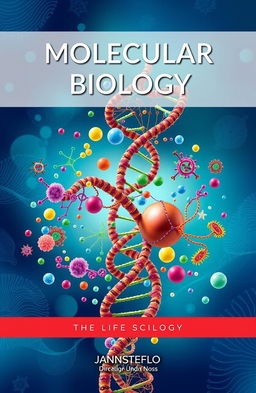 An intricately designed cover for a molecular biology book featuring a colorful representation of DNA double helix structures, prominent protein structures, and various cellular organelles artistically intertwined