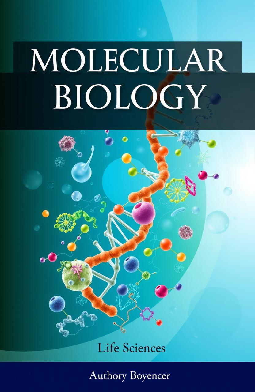 An intricately designed cover for a molecular biology book featuring a colorful representation of DNA double helix structures, prominent protein structures, and various cellular organelles artistically intertwined