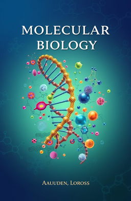 An intricately designed cover for a molecular biology book featuring a colorful representation of DNA double helix structures, prominent protein structures, and various cellular organelles artistically intertwined