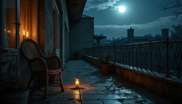 The eerie balcony of an old apartment at night, featuring weathered stone tiles and rusted iron railings enveloped in shadows