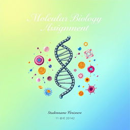 A visually striking cover page for an assignment on molecular biology, featuring a detailed and artistic illustration of a DNA double helix prominently at the center, surrounded by colorful representations of various cellular components such as ribosomes, mitochondria, and proteins