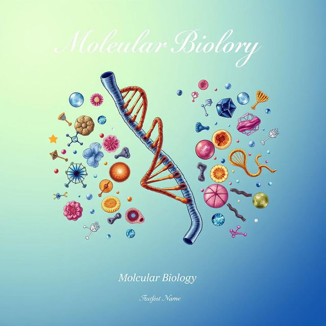 A visually striking cover page for an assignment on molecular biology, featuring a detailed and artistic illustration of a DNA double helix prominently at the center, surrounded by colorful representations of various cellular components such as ribosomes, mitochondria, and proteins