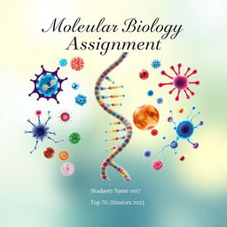 A visually striking cover page for an assignment on molecular biology, featuring a detailed and artistic illustration of a DNA double helix prominently at the center, surrounded by colorful representations of various cellular components such as ribosomes, mitochondria, and proteins