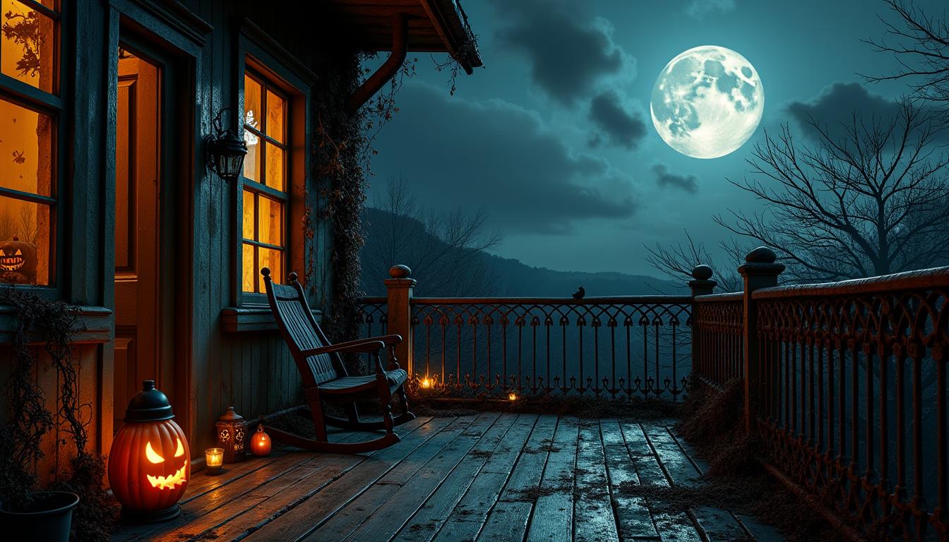 The eerie balcony of an old apartment at night, featuring vintage wrought iron railings covered in rust and entwined with creeping vines