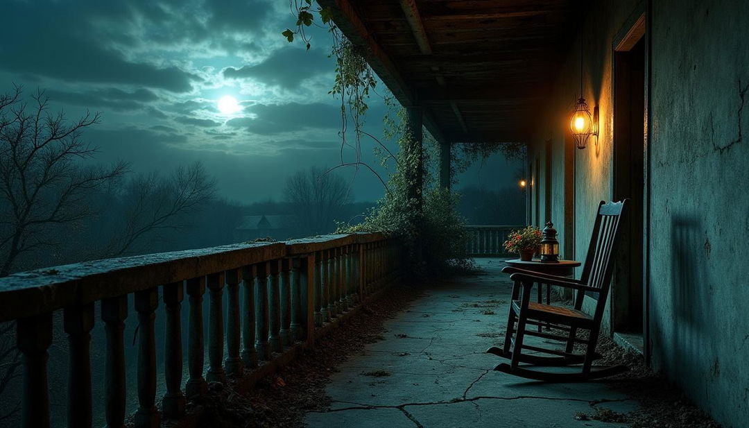 The balcony of an old apartment complex at night, shrouded in an eerie atmosphere