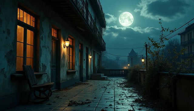 The balcony of an old apartment complex, shrouded in an eerie atmosphere at night