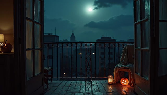 An eerie night view of an apartment balcony, showcasing an old, wrought-iron railing partially shrouded in shadows