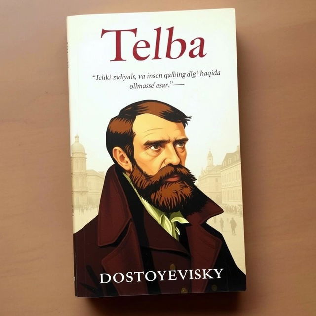 The cover of the book 'Telba' (Idiot) by Fyodor Dostoyevsky, featuring a stylized portrait of the main character, Prince Myshkin, with an expression of deep contemplation