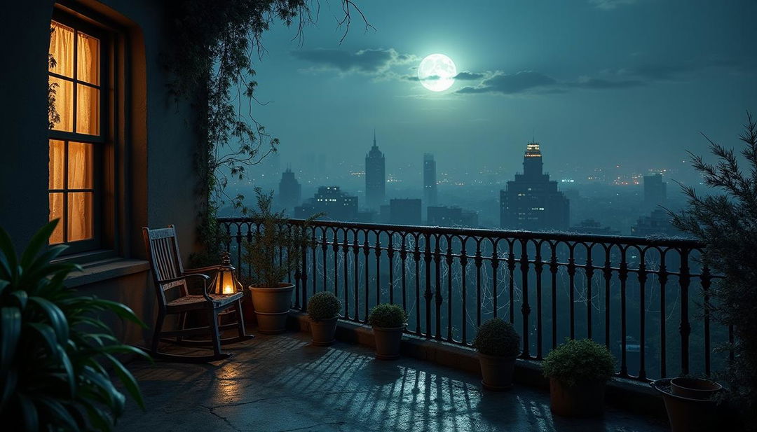 An eerie night view of an apartment balcony, showcasing an expansive city skyline in the background under a full moon