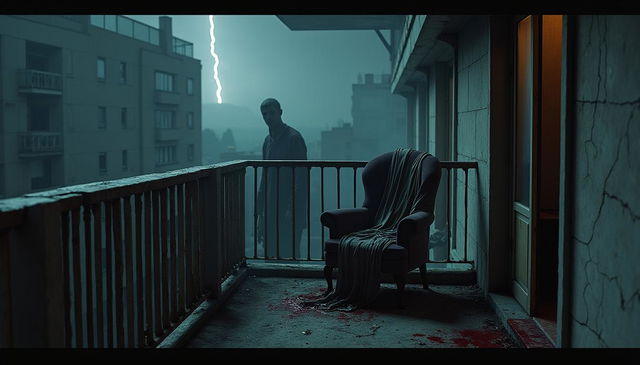 A horror apartment balcony that evokes an unsettling feeling, showcasing cracked concrete walls and rusty iron railings