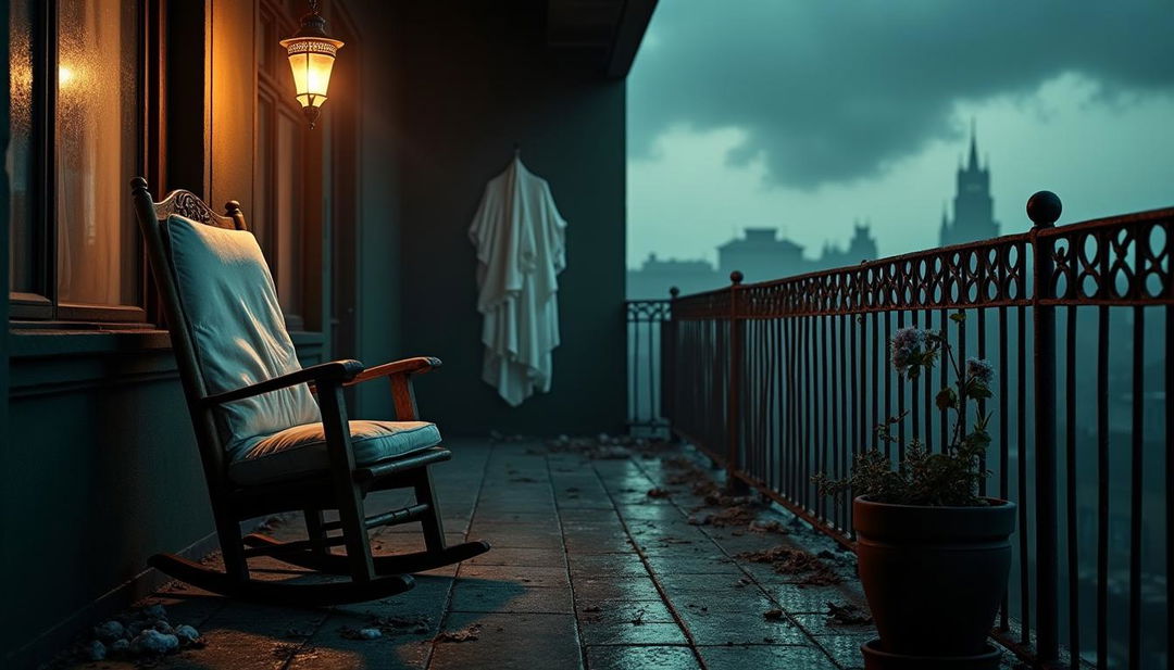 A horror-themed apartment balcony shrouded in darkness, featuring an assortment of unsettling elements