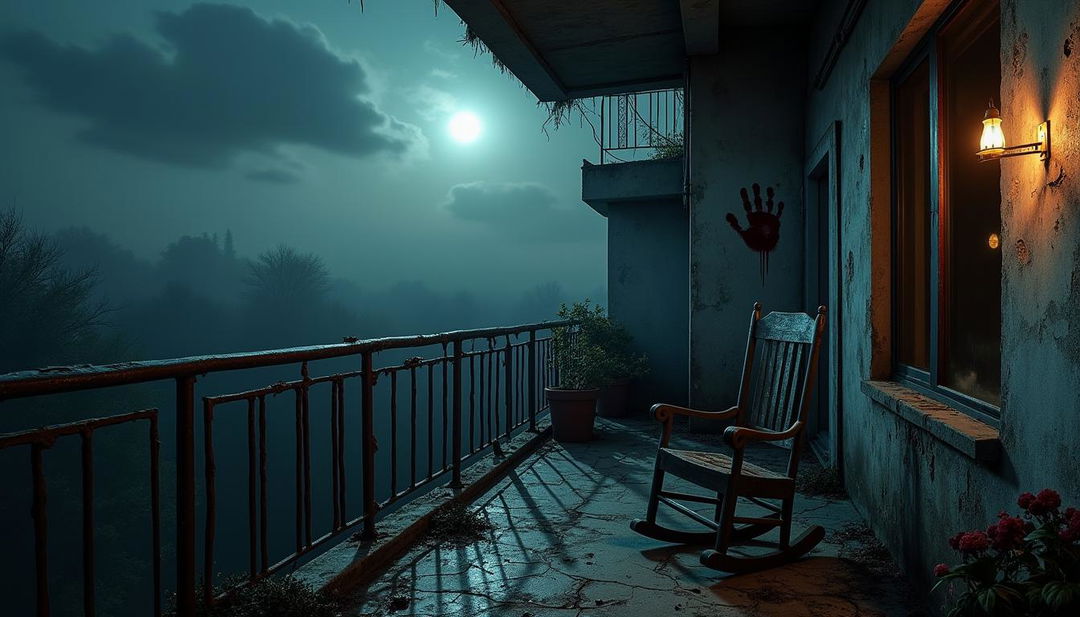 A horror-themed apartment balcony set in a dilapidated building, showcasing broken and rusted metal railings surrounded by shadows