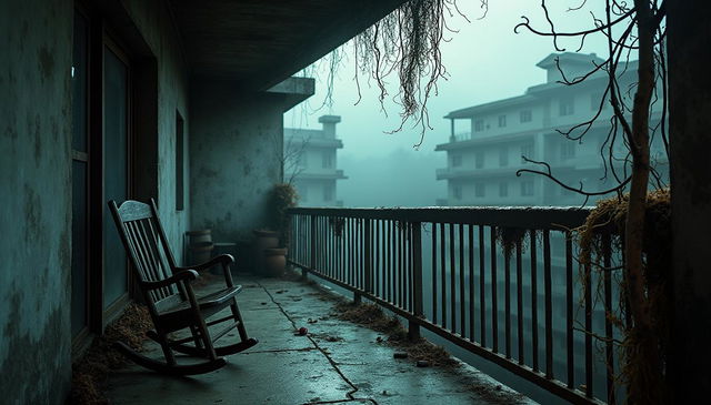 A horror-themed apartment balcony that exudes a chilling atmosphere, featuring cracked concrete flooring and rusted iron railings