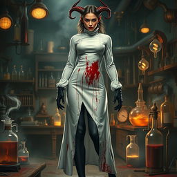 A female demonic mad scientist featuring a long, vintage white turtleneck smock that is heavily blood-stained, exuding an unsettling charm