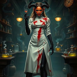A female demonic mad scientist featuring a long, vintage white turtleneck smock that is heavily blood-stained, exuding an unsettling charm