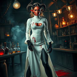 A female demonic mad scientist featuring a long, vintage white turtleneck smock that is heavily blood-stained, exuding an unsettling charm