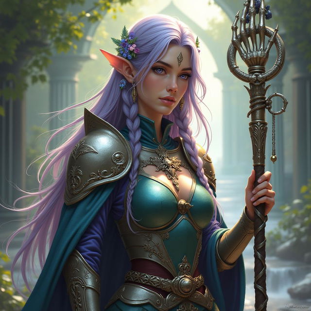 An elven warpriest of Pharasma, depicted in sacred armor adorned with angelic motifs and symbols of life and death