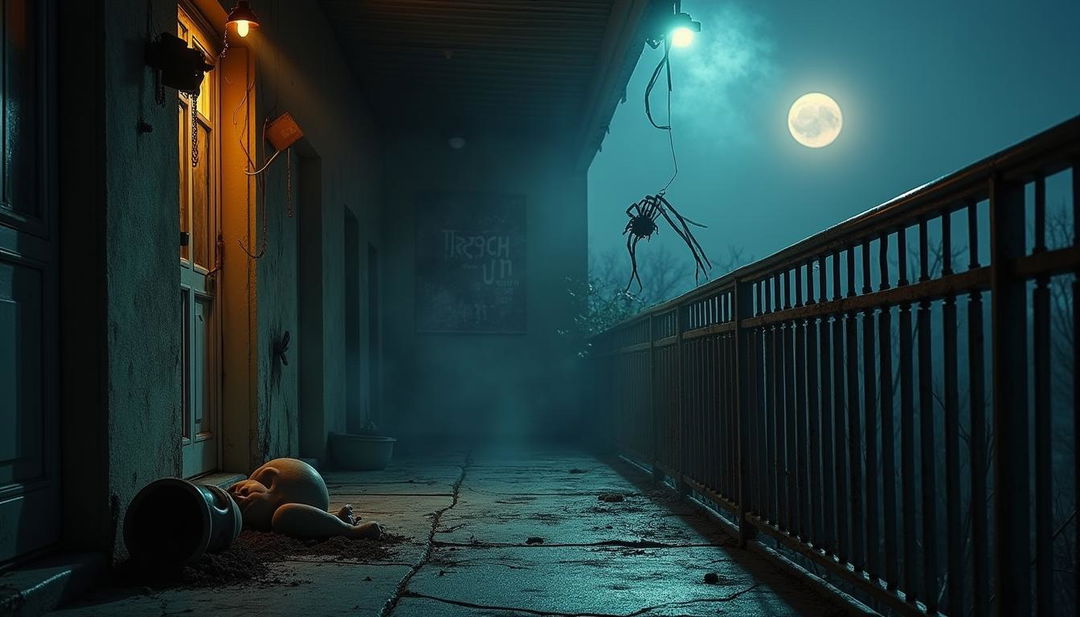 A horror-themed apartment balcony at night, featuring cracked concrete flooring and rusty metal railings