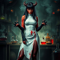 A female demonic mad scientist with long black hair styled in bangs, creating a striking frame for her face