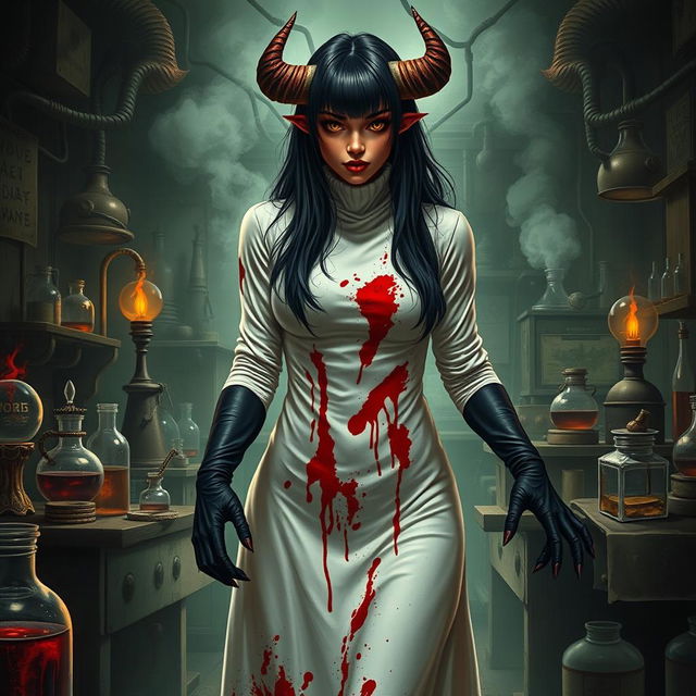 A female demonic mad scientist with long black hair styled in bangs, creating a striking frame for her face