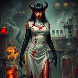 A female demonic mad scientist with long black hair styled in bangs, creating a striking frame for her face