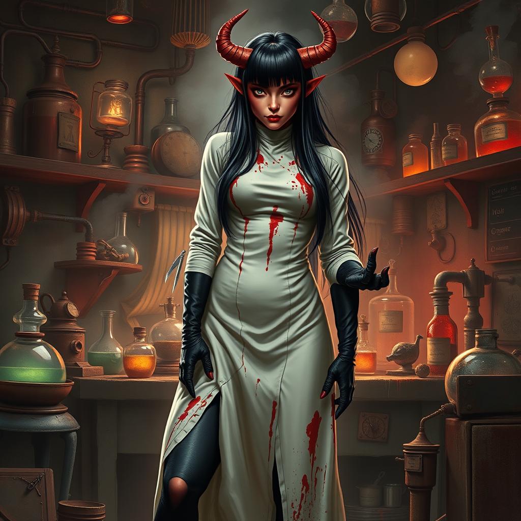 A female demonic mad scientist with long black hair styled in bangs, creating a striking frame for her face