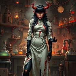 A female demonic mad scientist with long black hair styled in bangs, creating a striking frame for her face