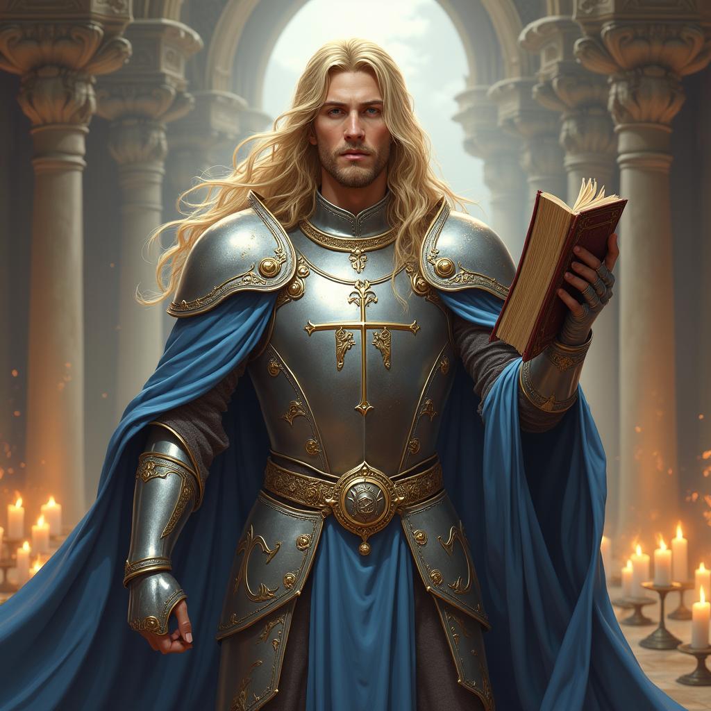 A noble male elven warpriest of Pharasma, standing tall and confident in a sanctified setting