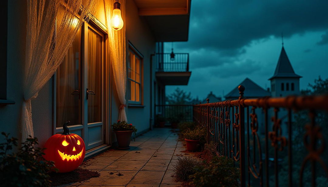 A horror-themed apartment balcony, exuding a chilling atmosphere